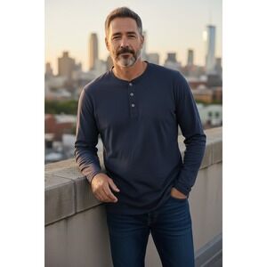 Venado Shirt Men Size XL Navy Blue Henley Cotton Blend Long Sleeve Tee Casual
